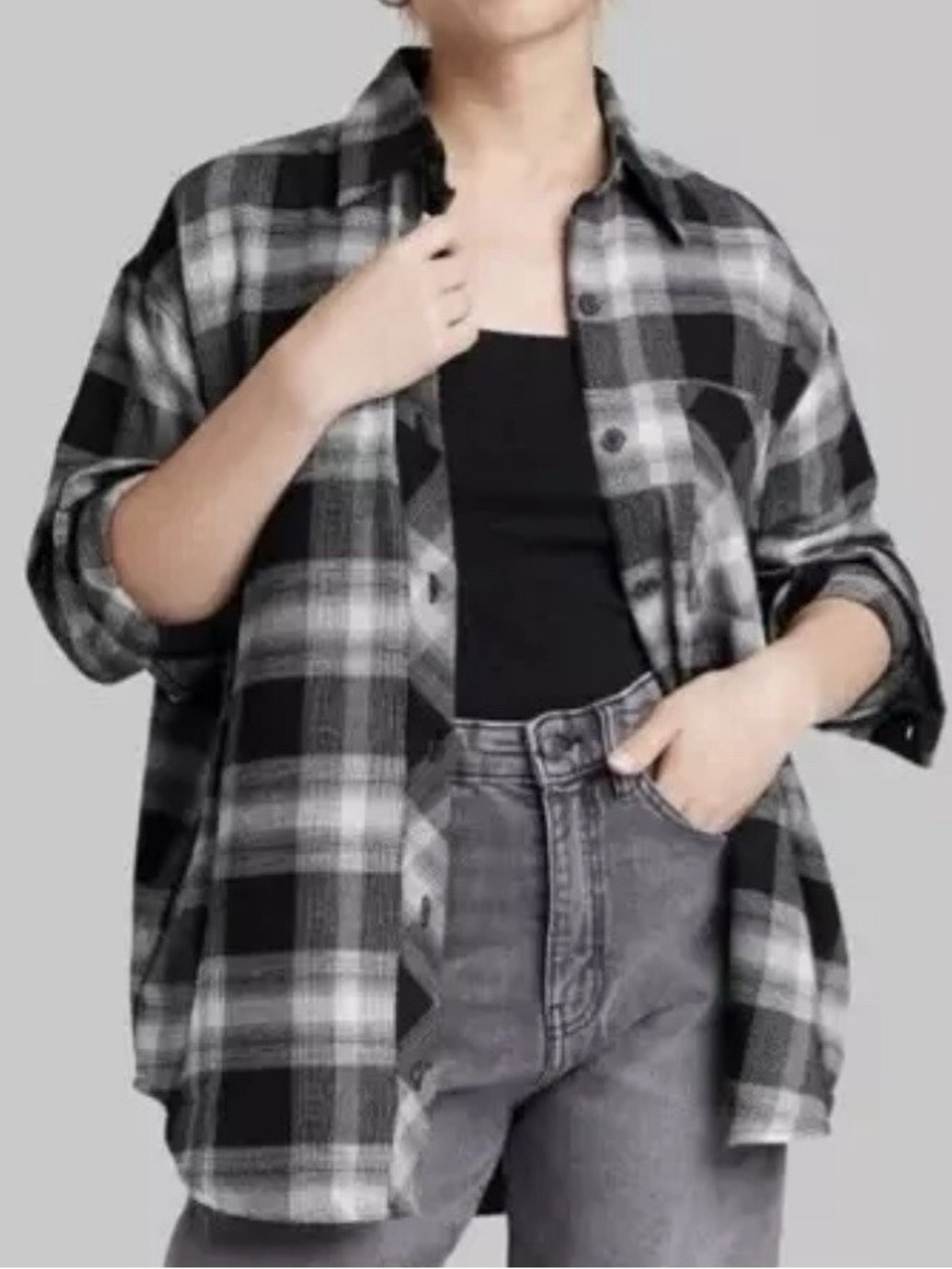 🖤 Wild Fable Black Gray Plaid Oversized Button Down Shirt XL Pockets